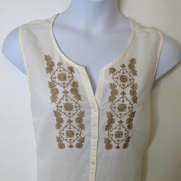 GH Bass & Company Cream & Tan Linen Blend Sleeveless Embroidered Blouse Size XL - Picture 3 of 6